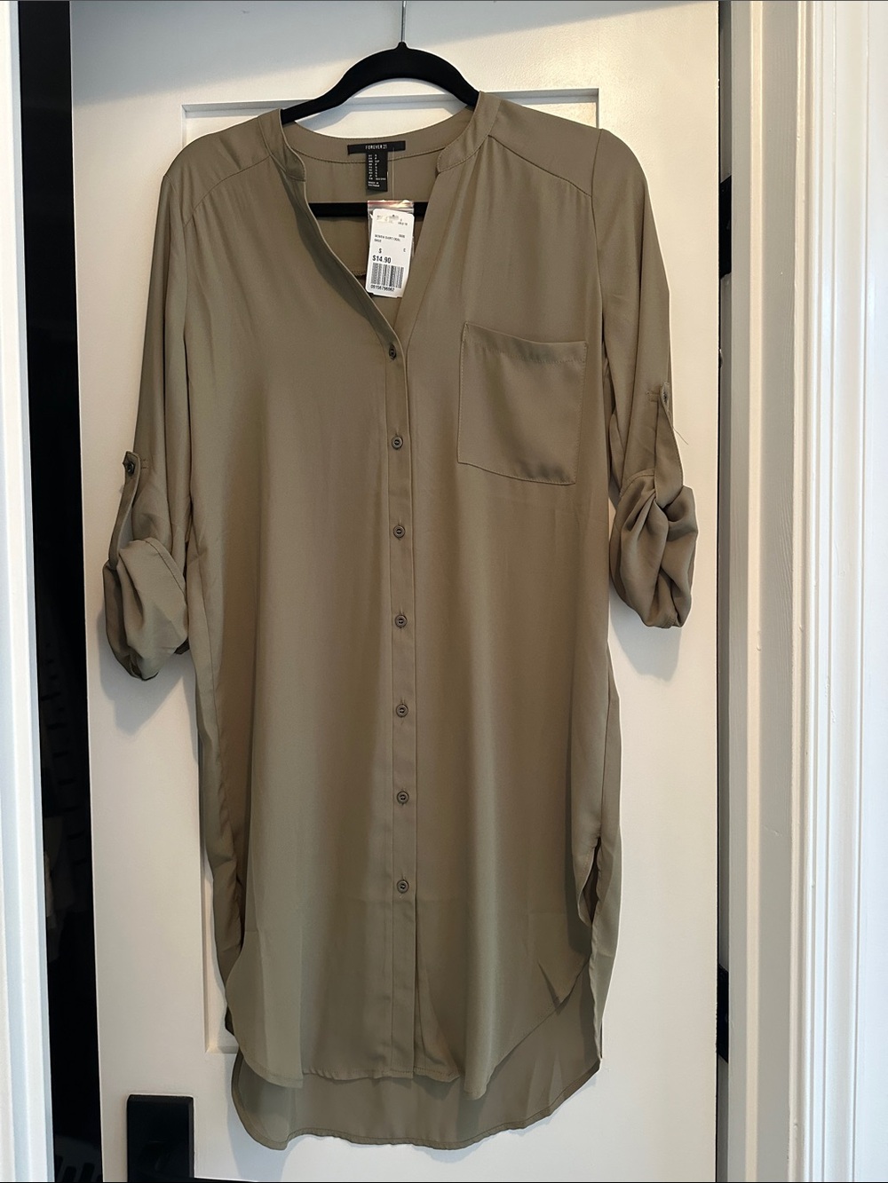 Women’s Olive Roll-Sleeve Shirt Dress